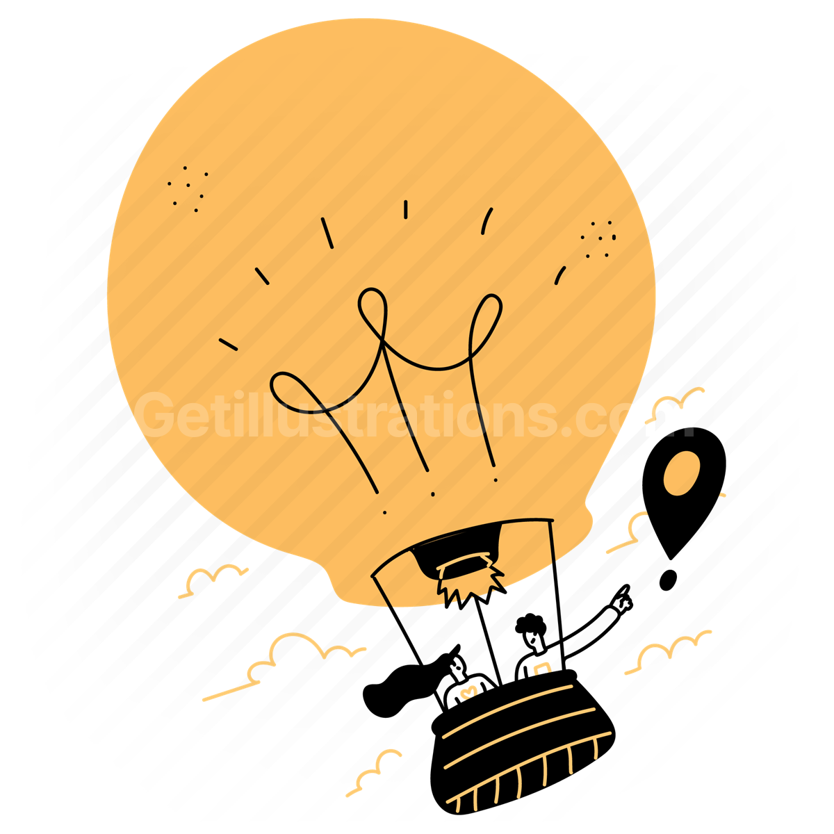 hot air balloon, destination, marker, pin, transport, lightbulb, light, idea